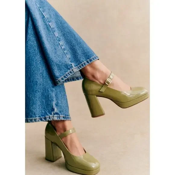 Sezane Georgia High Mary Janes Polished Pistachio Green Patent FR 39 US 8 - Picture 1 of 12